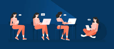 Set of poses freelancer girls with gadgets. Sitting on chairs and a bean bag chair. Mobile phone and...