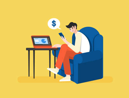 A male freelancer sits at a computer and makes tables at home. Looks at a cell phone. Effective and productive work. Colorful vector illustration in flat cartoon style.のイラスト素材