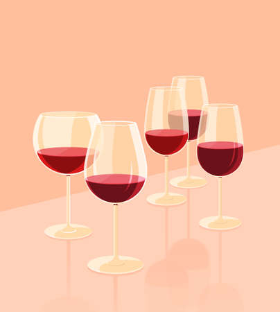 Glass goblets for wine. There is some red wine in the glasses. Set of flat vector illustration.のイラスト素材