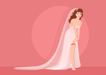 Beautiful happy bride in a wedding dress with a long veil. Shows a garter on his leg. Vector colorful flat illustration. Pink background.のイラスト素材