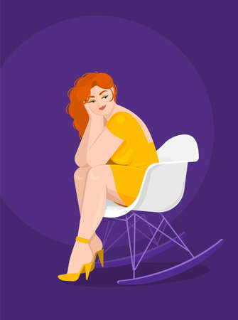 Beautiful playful woman with red hair in a yellow dress and shoes sits on a chair in modern style. Vector flat illustration.のイラスト素材