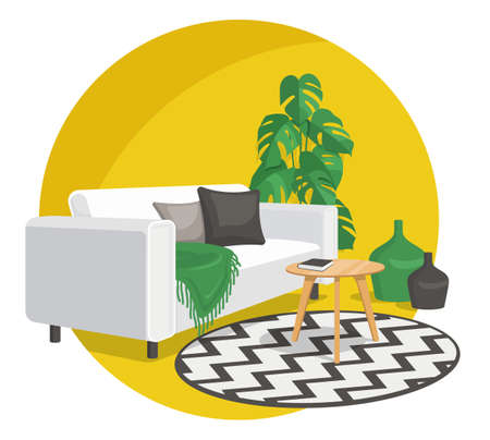 Scandinavian style interior vector fragment. Sofa with pillows and a blanket near the coffee table with a book and art nouveau vases. Round carpet and in a circle. Monstera plant.のイラスト素材