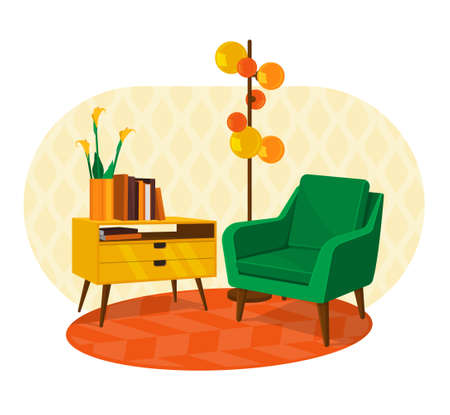 Scandinavian style interior flat vector illustration fragment. Armchair, chest of drawers with a vase of lilies and books, a lamp floor lamp in retro Art Nouveau style.のイラスト素材