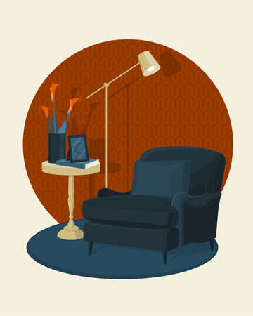 Scandinavian style interior vector illustration fragment. An Modern armchair next to a coffee table and an Art Deco lamp. Vase with calla flowers. Cosiness and comfort.のイラスト素材
