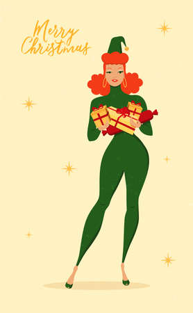 Woman in elf costume for the holiday Christmas and New Year with gifts in hands. Lettering. Retro postcard. Flat vector illustration.のイラスト素材
