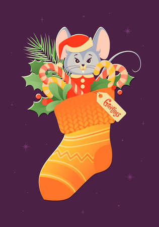 Christmas sock with sweets and cute rodent in a suit of Santa Claus. Year of the mouse. Caramel cane, holly leaves and tree twig. Flat vector illustration.のイラスト素材