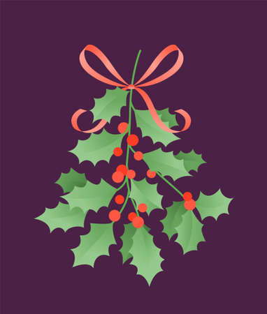 Twig holly with a bow from a ribbon. Christmas and New Year postcard. Flat vector illustration.のイラスト素材