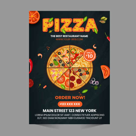 Fast Food Flyer Design Template cooking, cafe and restaurant menu, food ordering, junk food. Pizza, Burger, French fries and Soda. Vector illustration for banner, poster, flyer, cover, menu, brochure.のイラスト素材