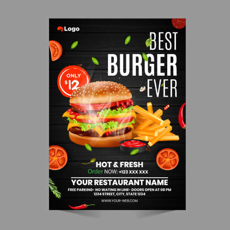 Fast Food Flyer Design Template cooking, cafe and restaurant menu, food ordering, junk food. Pizza, Burger, French fries and Soda. Vector illustration for banner, poster, flyer, cover, menu, brochure.のイラスト素材
