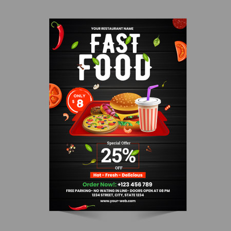 Fast Food Flyer Design Template cooking, cafe and restaurant menu, food ordering, junk food. Pizza, Burger, French fries and Soda. Vector illustration for banner, poster, flyer, cover, menu, brochure.のイラスト素材