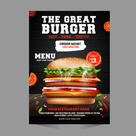 Fast Food Flyer Design Template cooking, cafe and restaurant menu, food ordering, junk food. Pizza, Burger, French fries and Soda. Vector illustration for banner, poster, flyer, cover, menu, brochure.のイラスト素材