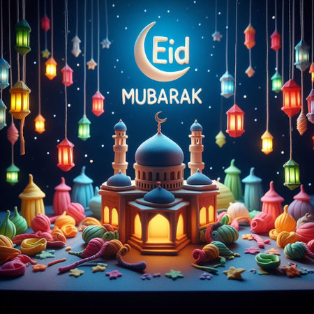 Eid Mubarak greeting card with mosque and colorful paper lanterns.の素材