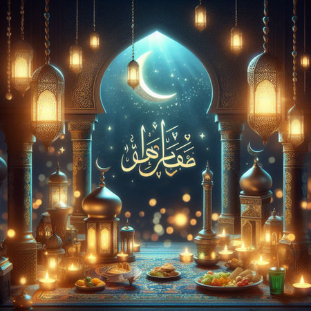 Ramadan Kareem greeting card with arabic calligraphy and glowing lanternsの素材