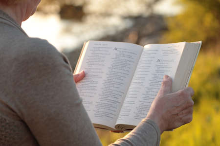 Adult woman reading Bible at the beachの写真素材
