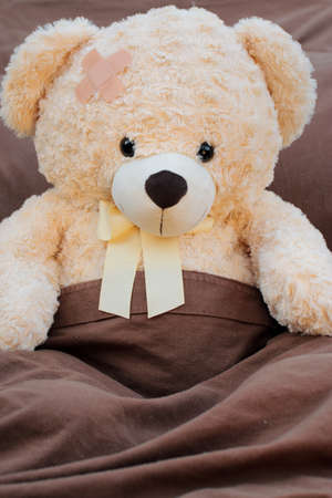 Sick plush bear patient sitting up in bed.の写真素材