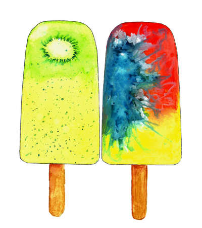 Two colorful watercolor and ink popsicle illustrations.の写真素材