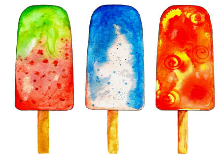 Three assorted colorful watercolor popsicle watercolor and ink illustrations.の写真素材