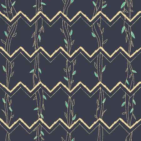 Vector elegance spring seamless pattern of hand drawn yellow gold leaves and petal on chevron and dark navy blue background. Perfect for fabric, wedding design, packaging easter, scrapbooking.のイラスト素材