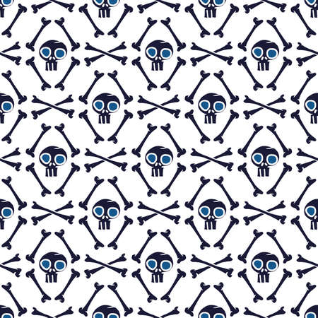 Vector black skulls bones white seamless patternのイラスト素材