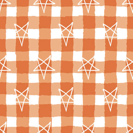 Vector orange stars pentagrams seamless pattern gingham