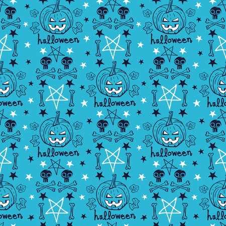 Vector pumpkins skulls bones blue seamless patternのイラスト素材