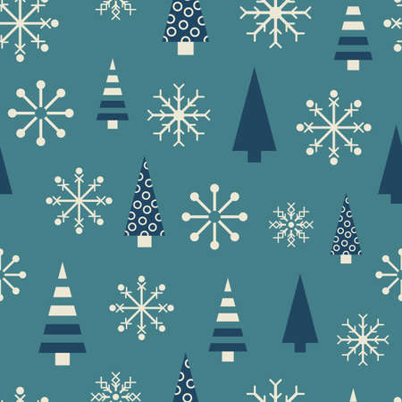 Vector blue white snowflake tree seamless patternのイラスト素材