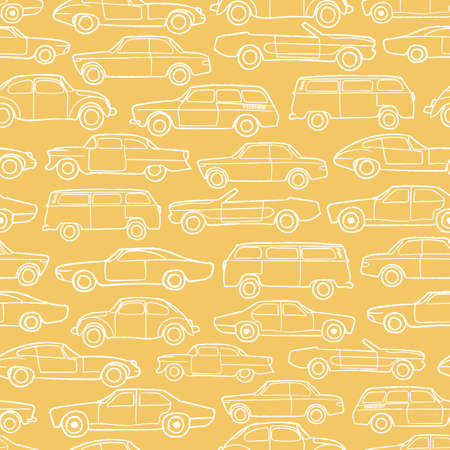 Vector white line yellow old cars seamless patternのイラスト素材