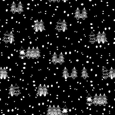 Vector black white snow, trees seamless patternのイラスト素材