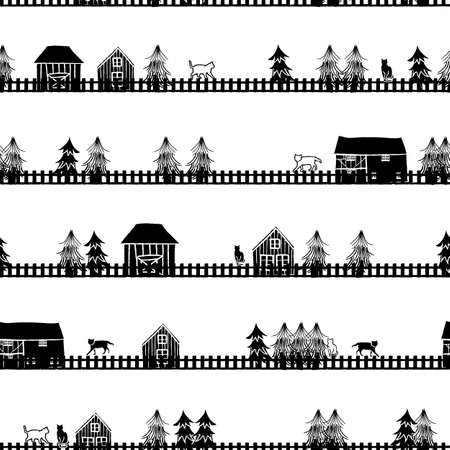 Vector black white cottages trees seamless patternのイラスト素材