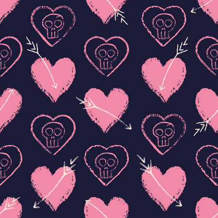 Vector pink heart skull arrow seamless pattern darkのイラスト素材