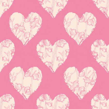 Vector pink hearts flowers ecru seamless pattern