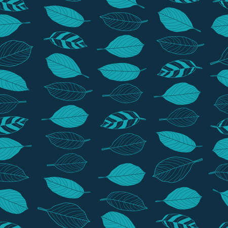 Vector blue linear leaves dark seamless patternのイラスト素材