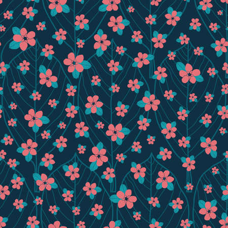 Vector pink blue flowers ditsy seamless patternのイラスト素材