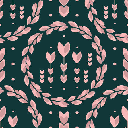 Vector pink tulips flowers, leaves, polka dot, wreaths seamless pattern. Emerald dark green geometric floral background print. Modern folk texture. Great for papers, fabric.のイラスト素材