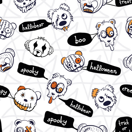 Vector black white halloween teddy repeat patternのイラスト素材