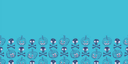 Vector pumpkins skulls border blue repeat patternのイラスト素材