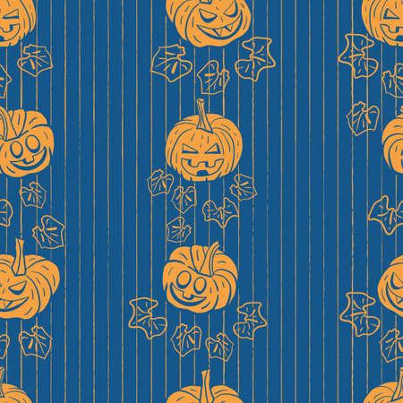 Vector orange pumpkins leaves blue repeat patternのイラスト素材