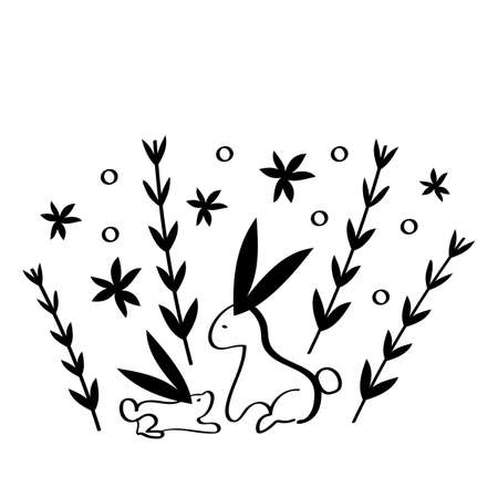 Vector drawn bunnies, leaves, Easter clipart blackのイラスト素材