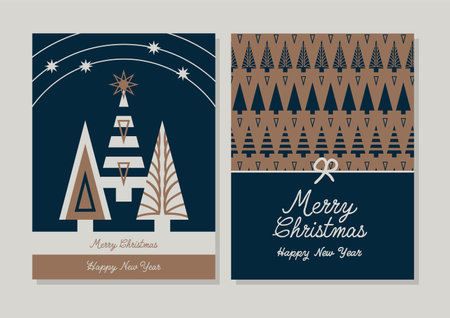Vector geometric triangle abstract shape forest pattern. Christmas trees, New Year greeting card, holiday modern poster. Contemporary template in brown beige navy blue colors.のイラスト素材