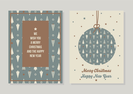 Vector Scandinavian minimal Christmas New Year Set of greeting cards, holiday modern posters in grey brown beige colors. Bauble with dots, stars, abstract triangle trees pattern.のイラスト素材