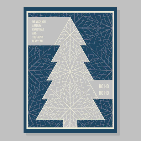 Vector abstract snowflake lace Christmas tree. Intricate layout of frozen winter greeting card in grey blue beige colors. Christmas New Year invitation, holiday poster print.のイラスト素材