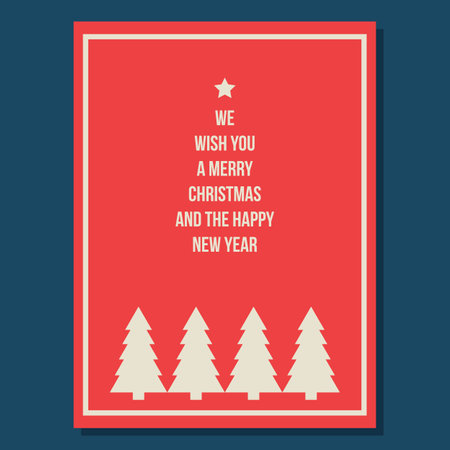 Vector minimal abstract winter triangle trees. Modern layout with typography. Red beige greeting card template. Christmas New Year invitation, poster.のイラスト素材