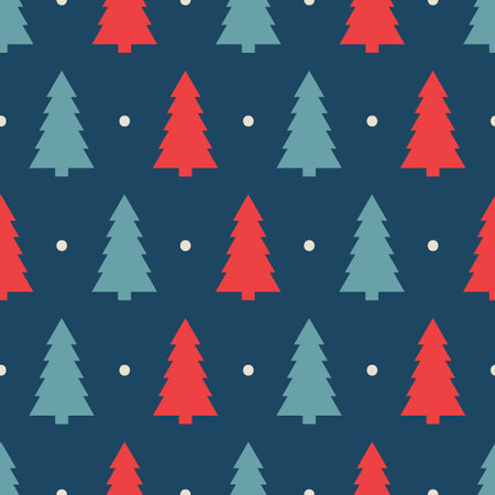 Vector geometric abstract Christmas trees with polka dots in beige, blue, red colors. Contemporary contrast seamless pattern in Scandinavian style. Great for scrapbooking, cards.のイラスト素材