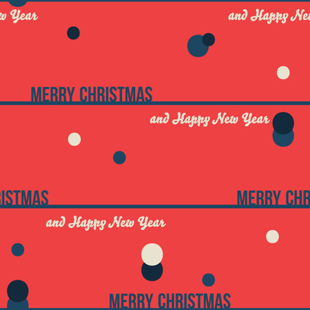 Vector geometric polka dot striped Christmas New Year seamless pattern in beige, navy blue, red colors. Modern abstract print with typography, text. Great for backgrounds.のイラスト素材