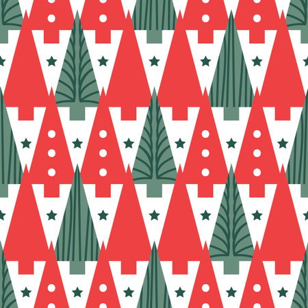 Vector geometric Christmas trees with dots, stars in white, green, red colors. Modern abstract seamless pattern in Scandinavian style. Great for papers, scrapbooking, card projects.のイラスト素材