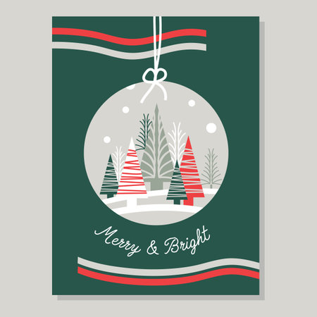 Vector geometric Christmas bauble with abstract fir trees, snow, ribbons. Greeting card template in green red grey colors. Christmas New Year invitation, holiday poster print.のイラスト素材