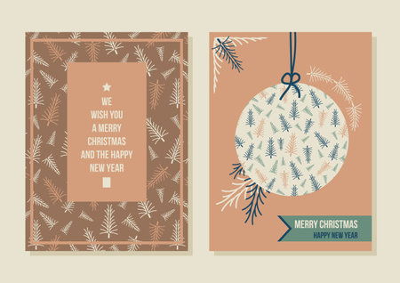Vector Christmas ball pine trees pattern card setのイラスト素材