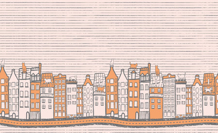 Vector beige orange city border seamless patternのイラスト素材