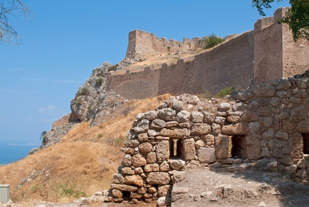 The ancient fortress walls of the old city of Corinth  Greece のeditorial素材