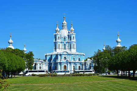 The building of the Smolny Cathedral in Saint-Petersburg against the blue sky on a bright Sunny day.